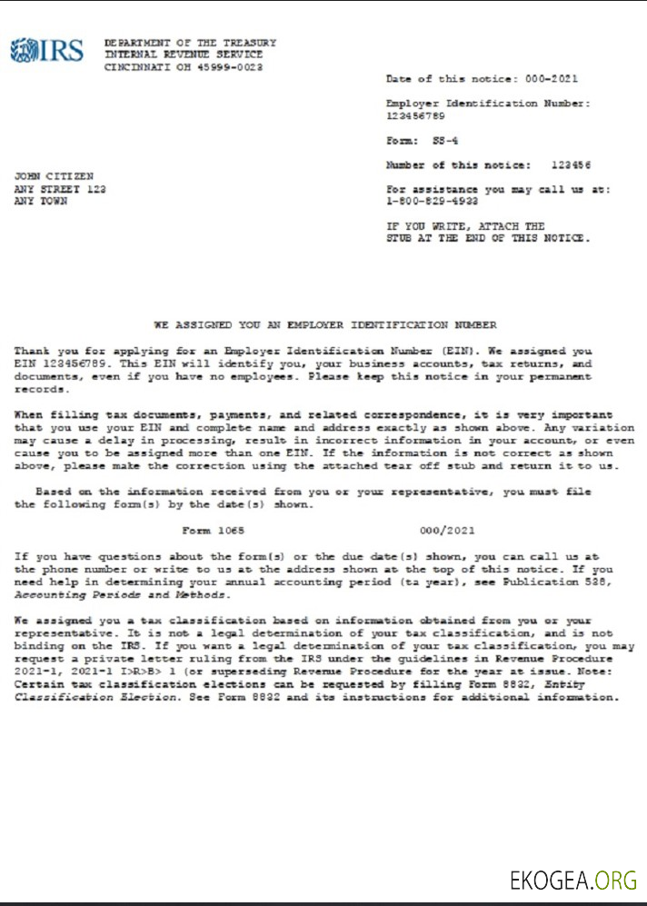 Enregistrement d'entreprise avec le numéro d'identification de l'employeur (EIN) du INTERNAL REVENUE SERVICE (IRS) des États Unis